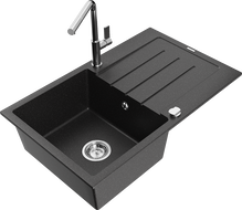 Mexen Bruno granitový dřez 1-komorový s odkapávačem a kuchyňskou baterií Flora, černý/stříbrný metalik - 6513-73-670401-00