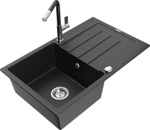 Mexen Bruno granitový dřez 1-komorový s odkapávačem a kuchyňskou baterií Flora, černá/stříbrná metalíza - 6513-73-670401-07