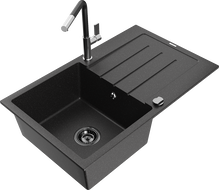 Mexen Bruno granitový dřez s odkapávačem a kuchyňská baterie Flora, černá/stříbrný metalík - 6513-73-670401-07-B