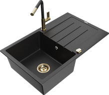 Mexen Bruno granitový dřez 1-komorový s odkapávačem a kuchyňskou baterií Flora, černý/stříbrný metalik - 6513-73-670401-57-G
