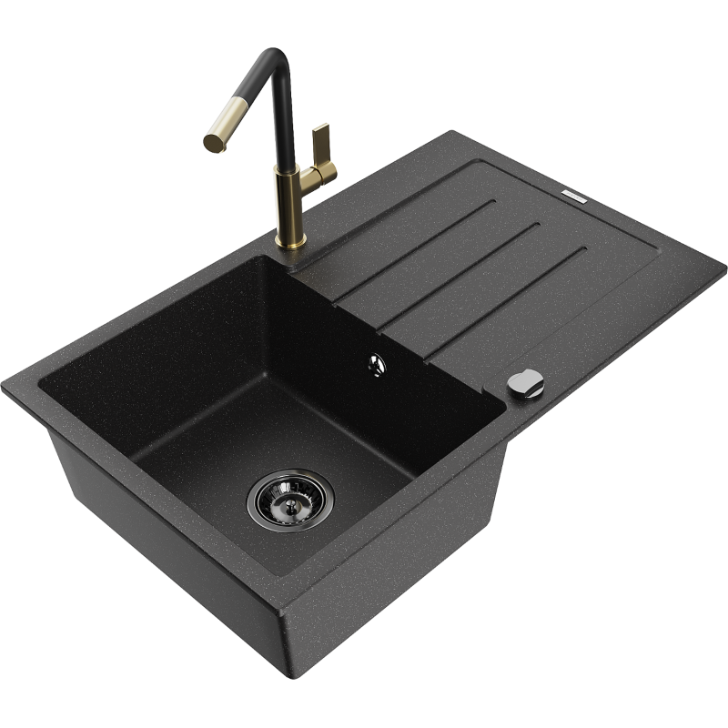 Mexen Bruno žulový dřez s odkapávačem a kuchyňskou baterií Flora, černý/stříbrný metalik - 6513-73-670401-57-B