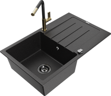 Mexen Bruno žulový dřez s odkapávačem a kuchyňskou baterií Flora, černý/stříbrný metalik - 6513-73-670401-57-B