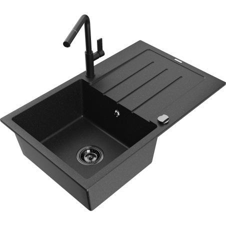 Mexen Bruno granitový dřez s odkapávačem a kuchyňskou baterií Flora, černý/stříbrný metalik - 6513-73-670401-70-B