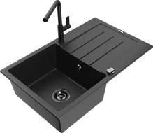 Mexen Bruno granitový dřez s odkapávačem a kuchyňskou baterií Flora, černý/stříbrný metalik - 6513-73-670401-70-B