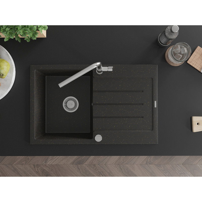 Mexen Bruno granitový dřez 1-komorový s odkapávačem a kuchyňskou baterií Flora, černý/zlatý metalík - 6513-75-670401-00