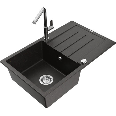 Mexen Bruno granitový dřez 1-komorový s odkapávačem a kuchyňskou baterií Flora, černý/zlatý metalík - 6513-75-670401-00