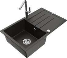 Mexen Bruno granitový dřez 1-komorový s odkapávačem a kuchyňskou baterií Flora, černý/zlatý metalík - 6513-75-670401-00