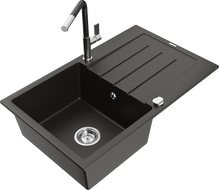 Mexen Bruno granitový dřez s odkapávačem a kuchyňskou baterií Flora, černý/zlatý metalický - 6513-75-670401-07