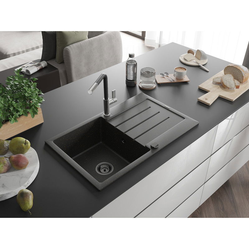 Mexen Bruno granitový dřez 1-komorový s odkapávačem a kuchyňskou baterií Flora, černý/zlatý metalik - 6513-75-670401-07-B