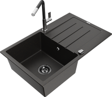 Mexen Bruno granitový dřez 1-komorový s odkapávačem a kuchyňskou baterií Flora, černý/zlatý metalik - 6513-75-670401-07-B