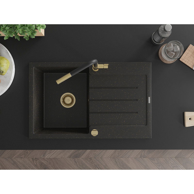 Mexen Bruno granitový dřez s 1 komorou, odkapávačem a kuchyňskou baterií Flora, černý/zlatý metalik