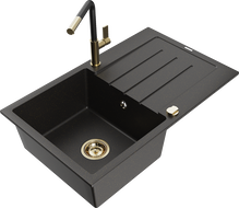 Mexen Bruno granitový dřez s 1 komorou, odkapávačem a kuchyňskou baterií Flora, černý/zlatý metalik