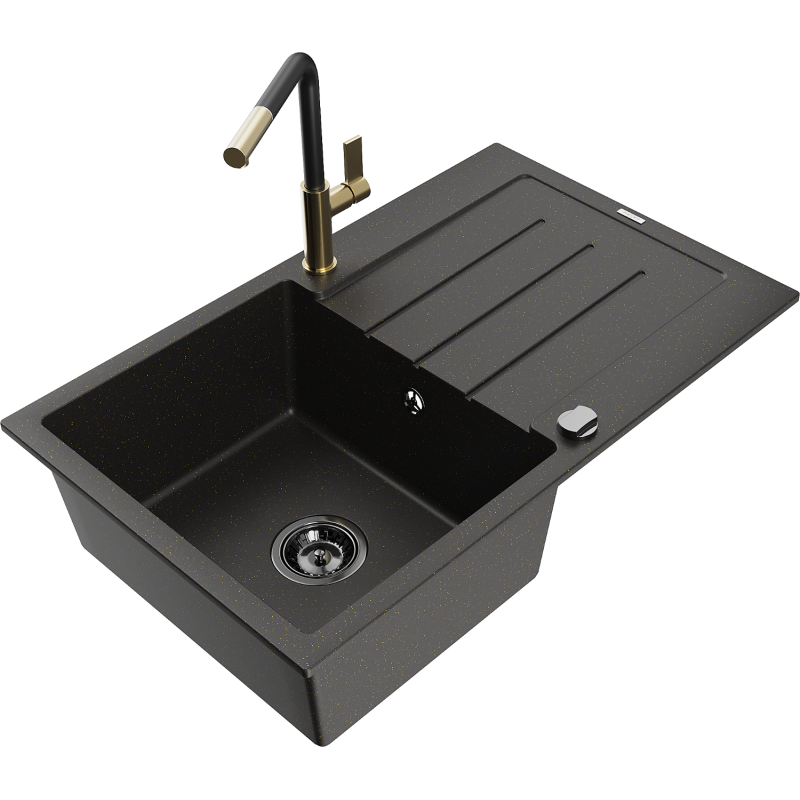 Mexen Bruno granitový dřez s 1 komorou a odkapávačem, kuchyňskou baterií Flora, černý/zlatý metalik - 6513-75-670401-57-B