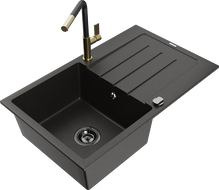 Mexen Bruno granitový dřez s 1 komorou a odkapávačem, kuchyňskou baterií Flora, černý/zlatý metalik - 6513-75-670401-57-B