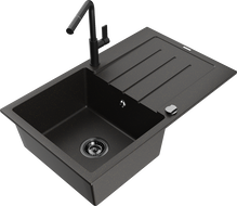 Mexen Bruno granitový dřez 1-komorový s odkapávačem a kuchyňskou baterií Flora, černý/zlatý metalik - 6513-75-670401-70-B