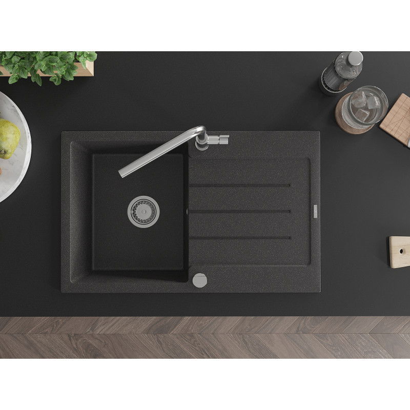 Mexen Bruno granitový dřez 1-komorový s odkapávačem a kuchyňskou baterií Flora, černý tečkovaný - 6513-76-670401-00