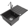 Mexen Bruno granitový dřez 1-komorový s odkapávačem a kuchyňskou baterií Flora, černý tečkovaný - 6513-76-670401-00