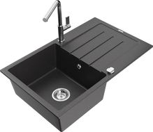 Mexen Bruno granitový dřez 1-komorový s odkapávačem a kuchyňskou baterií Flora, černý tečkovaný - 6513-76-670401-00