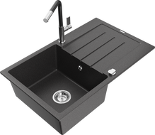 Mexen Bruno granitový dřez 1-komorový s odkapávačem a kuchyňskou baterií Flora, černý nakrapovaný - 6513-76-670401-07