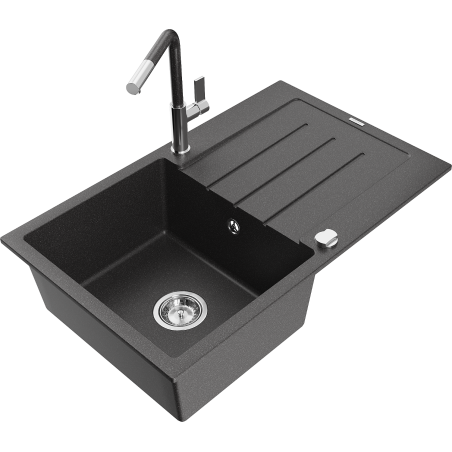 Mexen Bruno granitový dřez 1-komorový s odkapávačem a kuchyňskou baterií Flora, černý tečkovaný - 6513-76-670401-08