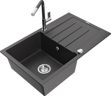 Mexen Bruno granitový dřez 1-komorový s odkapávačem a kuchyňskou baterií Flora, černý tečkovaný - 6513-76-670401-08