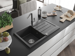 Mexen Bruno granitový dřez 1-komorový s odkapávačem a kuchyňskou baterií Flora, černý tečkovaný - 6513-76-670401-08