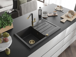 Mexen Bruno granitový dřez 1-komorový s odkapávačem a kuchyňskou baterií Flora, černý tečkovaný - 6513-76-670401-57-G