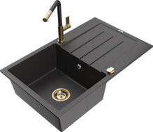 Mexen Bruno granitový dřez 1-komorový s odkapávačem a kuchyňskou baterií Flora, černý tečkovaný - 6513-76-670401-57-G