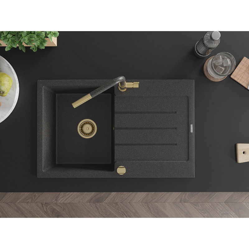 Mexen Bruno granitový dřez 1-komorový s odkapávačem a kuchyňskou baterií Flora, černý s postřikem - 6513-76-670401-75-G