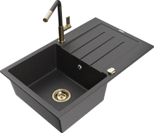 Mexen Bruno granitový dřez 1-komorový s odkapávačem a kuchyňskou baterií Flora, černý s postřikem - 6513-76-670401-75-G