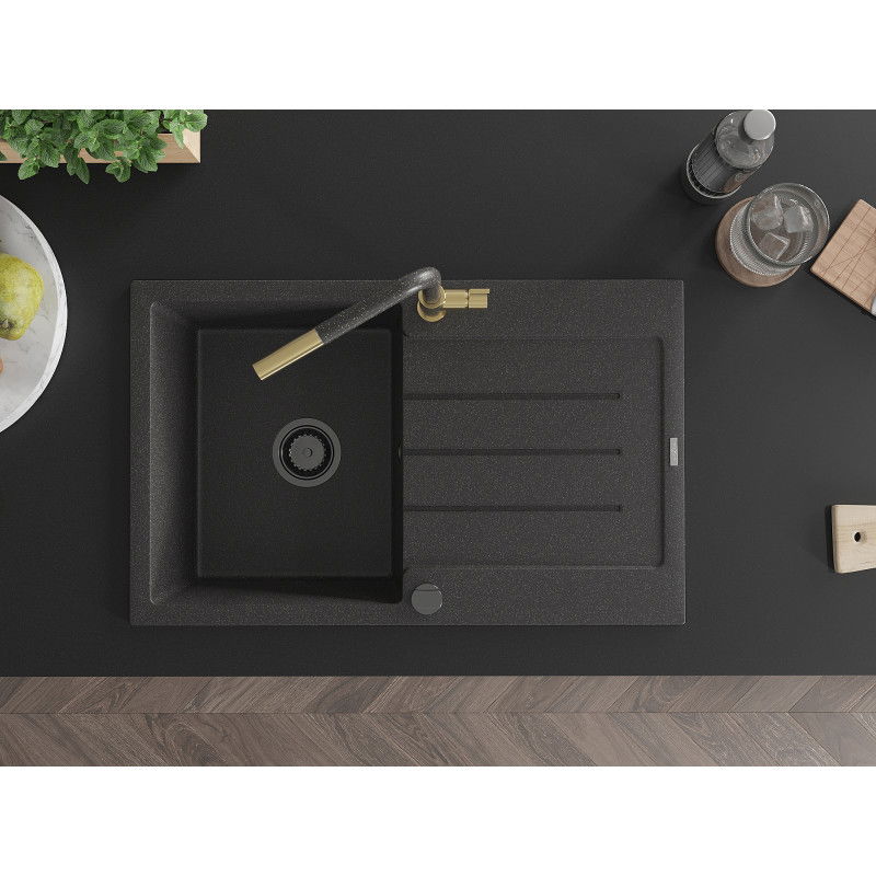 Mexen Bruno granitový dřez s 1 komorou a odkapávačem a kuchyňskou baterií Flora, černý skvrnitý - 6513-76-670401-75-B