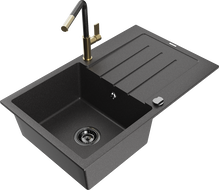 Mexen Bruno granitový dřez s 1 komorou a odkapávačem a kuchyňskou baterií Flora, černý skvrnitý - 6513-76-670401-75-B