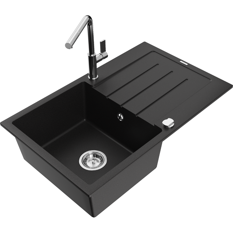 Mexen Bruno granitový dřez jednodřezový s odkapávačem a kuchyňskou baterií Flora, černý - 6513-77-670401-00