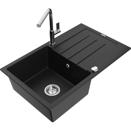 Mexen Bruno granitový dřez jednodřezový s odkapávačem a kuchyňskou baterií Flora, černý - 6513-77-670401-00