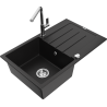 Mexen Bruno granitový dřez jednodřezový s odkapávačem a kuchyňskou baterií Flora, černý - 6513-77-670401-00