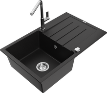 Mexen Bruno granitový dřez jednodřezový s odkapávačem a kuchyňskou baterií Flora, černý - 6513-77-670401-00