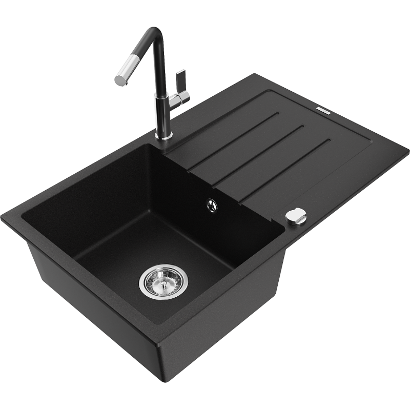 Mexen Bruno granitový dřez 1-komorový s odkapávačem a kuchyňská baterie Flora, černý - 6513-77-670401-07