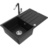 Mexen Bruno granitový dřez 1-komorový s odkapávačem a kuchyňská baterie Flora, černý - 6513-77-670401-07