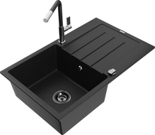 Mexen Bruno granitový dřez 1-komorový s odkapávačem a kuchyňskou baterií Flora, černý - 6513-77-670401-07-B