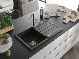 Mexen Bruno granitový dřez 1-komorový s odkapávačem a kuchyňskou baterií Flora, černý - 6513-77-670401-57-G