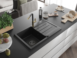 Mexen Bruno granitový kuchyňský dřez s 1 komorou a odkapávačem a kuchyňskou baterií Flora, černý - 6513-77-670401-57-B