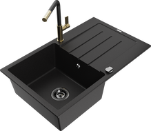 Mexen Bruno kuchyňský dřez granitový 1-komorový s odkapávačem a kuchyňskou baterií Flora, černý - 6513-77-670401-57-B