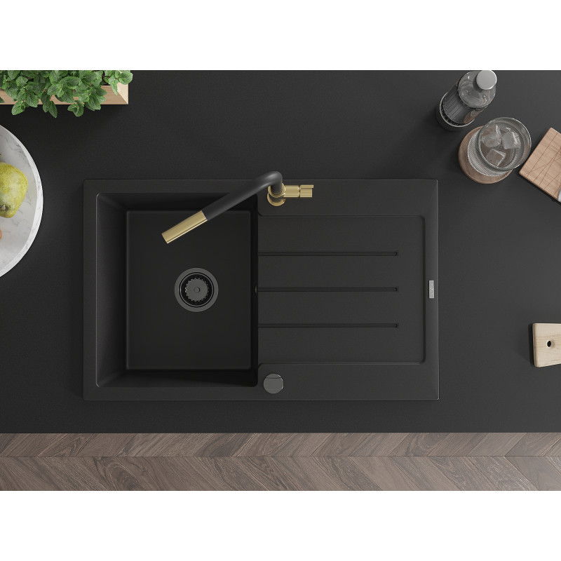 Mexen Bruno kuchyňský dřez granitový 1-komorový s odkapávačem a kuchyňskou baterií Flora, černý - 6513-77-670401-57-B