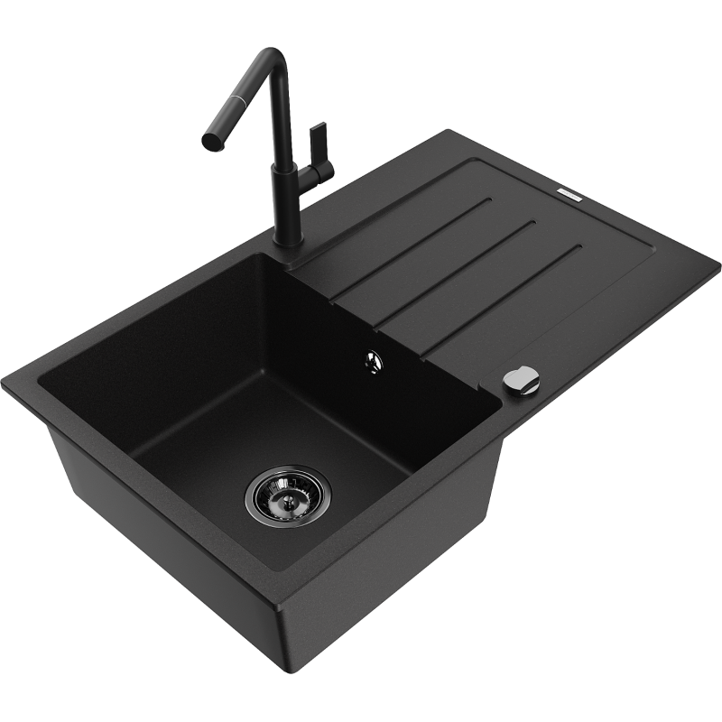 Mexen Bruno granitový dřez s 1 komorou a odkapávačem a kuchyňskou baterií Flora, černý - 6513-77-670401-70-B