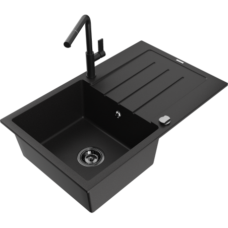 Mexen Bruno granitový dřez s 1 komorou a odkapávačem a kuchyňskou baterií Flora, černý - 6513-77-670401-70-B