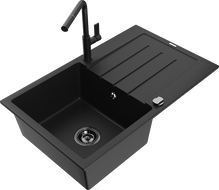 Mexen Bruno granitový dřez s 1 komorou a odkapávačem a kuchyňskou baterií Flora, černý - 6513-77-670401-70-B