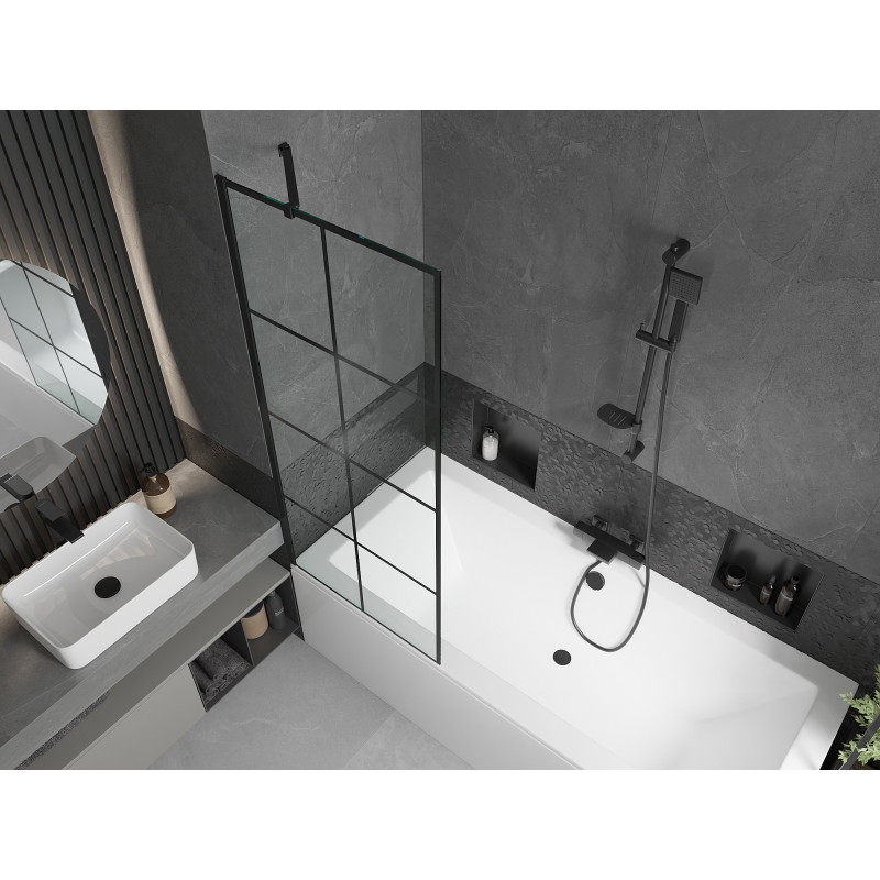 Mexen Cube obdélníková vana 170 x 80 cm s krytem a jednokřídlou zástěnou 70 cm, černý vzor - 550517080X9507007077