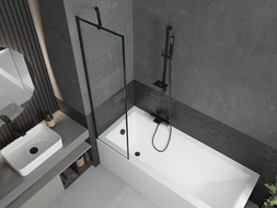 Mexen Cubik obdélníková vana 150 x 70 cm s panelem a jednodílnou zástěnou 50 cm, černý vzor - 550315070X9505007070