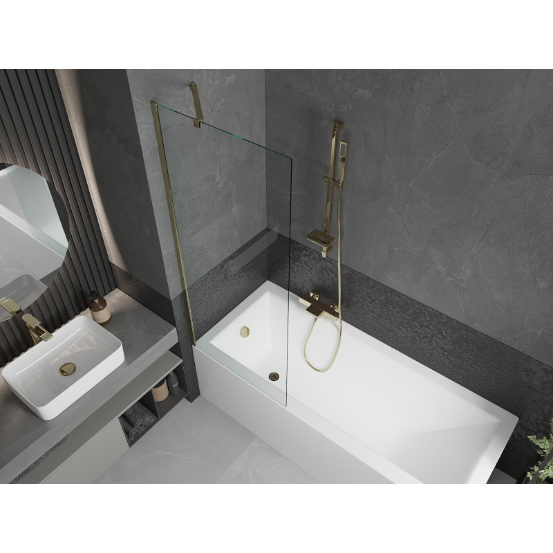 Mexen Cubik obdélníková vana 150 x 70 cm s krytem a 1-křídlovou zástěnou 70 cm, transparentní, zlatá