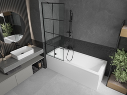 Mexen Cubik obdélníková vana 160 x 70 cm s panelem a 1-dveřovým paravánem 70 cm, černý vzor - 550316070X9507007077